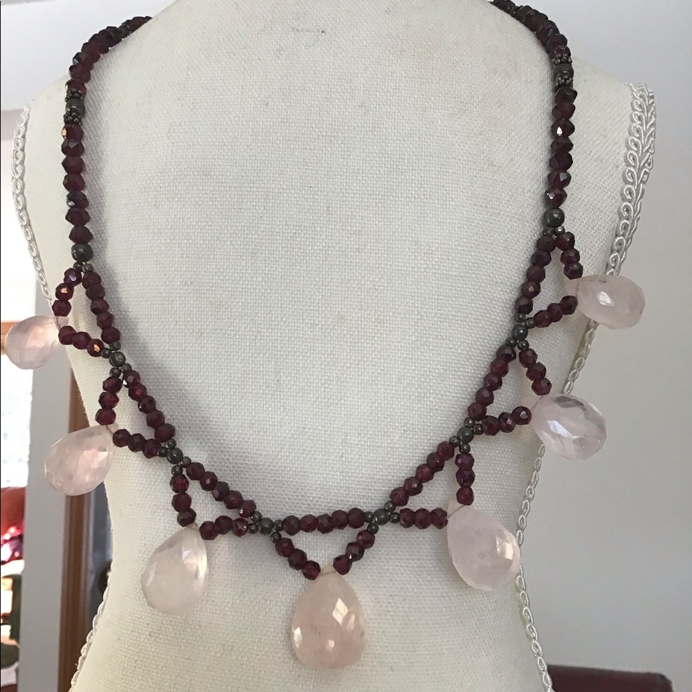 Sterling Garnet Rose Quartz Swag Necklace WOW